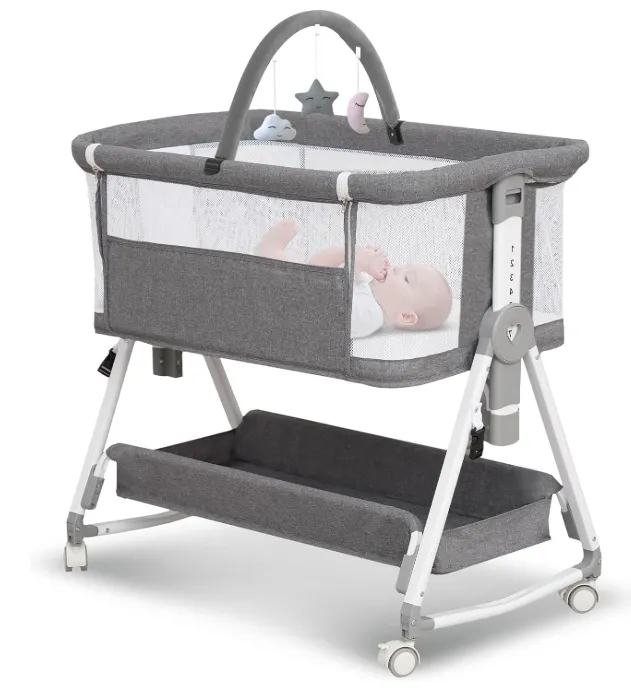 Moisés 3 en 1 para bebé: cuna de noche con malla de 4 lados, juguetes colgantes, ruedas y cesta de almacenamiento – altura regulable en 6 niveles