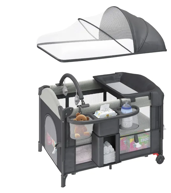 Moisés multifuncional 5 en 1: cuna con colchón, cambiador de pañales, mosquitera y juguete – color gris